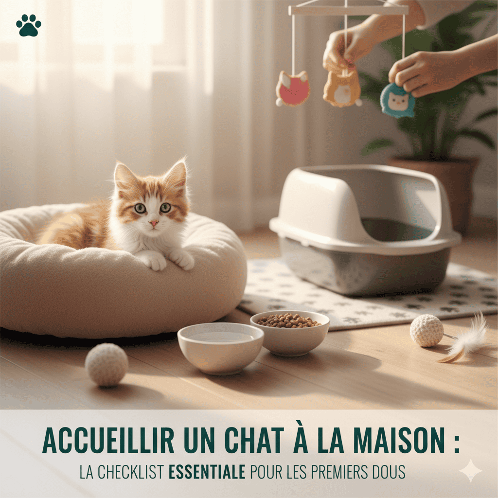 Chaton confortable dans un panier, symbolisant l'accueil d'un nouvel animal à la maison.