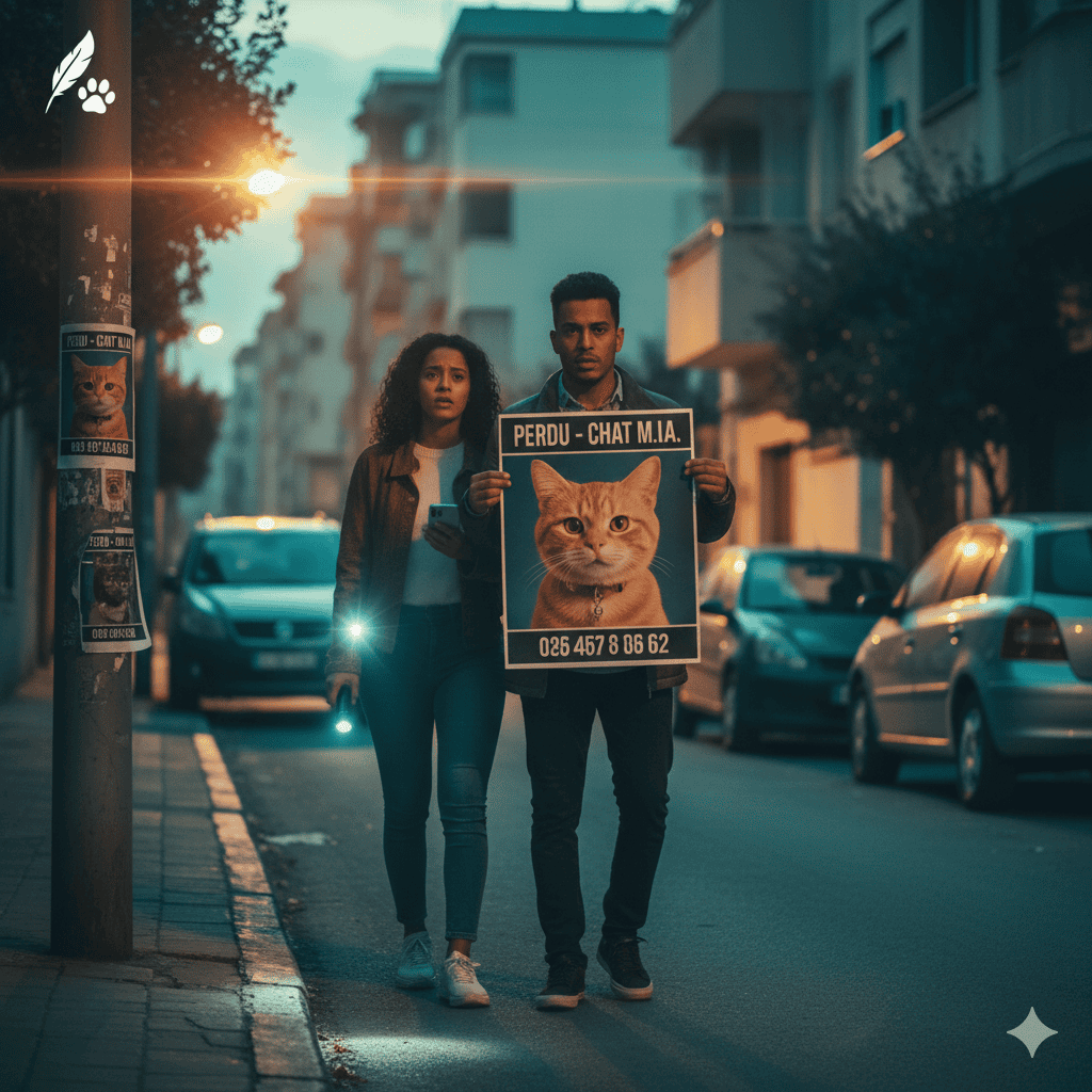 Un homme et une femme à l'air inquiet cherchent leur chat perdu dans la rue la nuit, tenant une affiche "PERDU - CHAT" et une lampe de poche