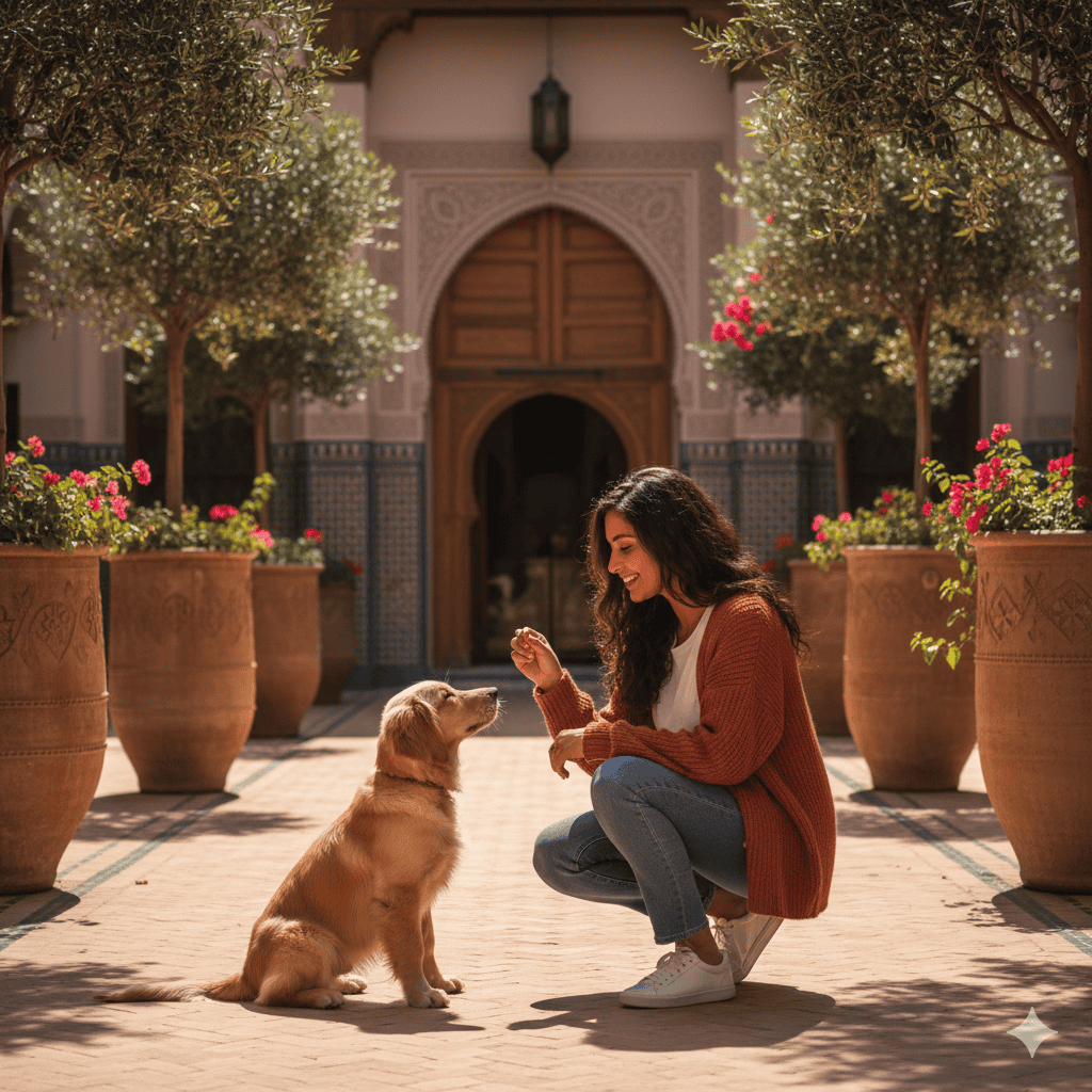 Jeune femme apprenant un tour à son chien golden retriever dans la cour ensoleillée d'un riad marocain