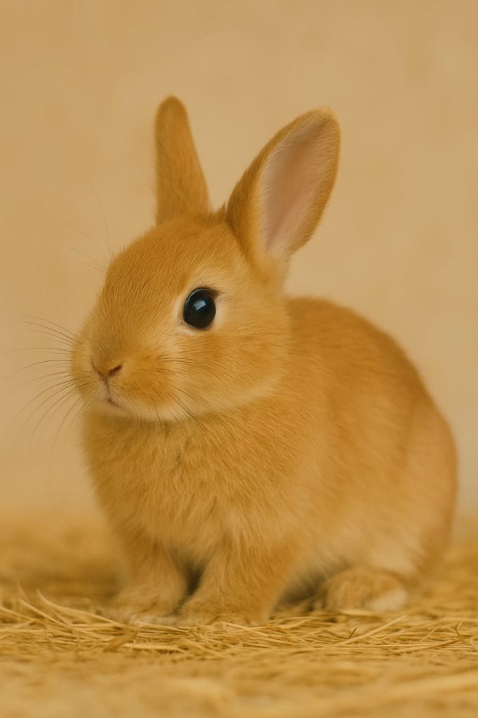 Adorable petit lapin (lapereau) couleur fauve assis sur de la paille