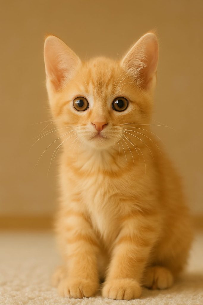 Adorable chaton roux (orange tabby) assis et regardant droit devant lui avec de grands yeux curieux