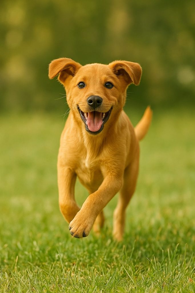 Chiot brun clair courant joyeusement vers la caméra dans un champ d'herbe