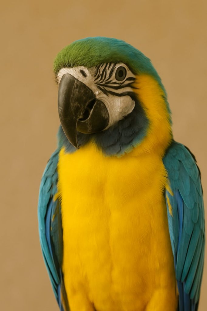 Gros plan d'un perroquet Ara bleu et jaune (Ara ararauna) regardant vers la gauche