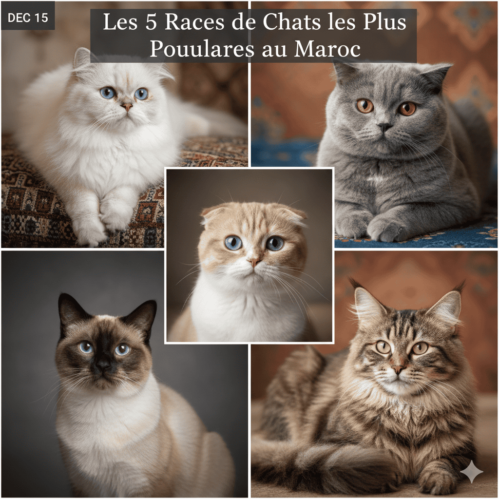 Collage de 5 chats de races populaires (Siamois, British Shorthair, etc.) pour un article de blog