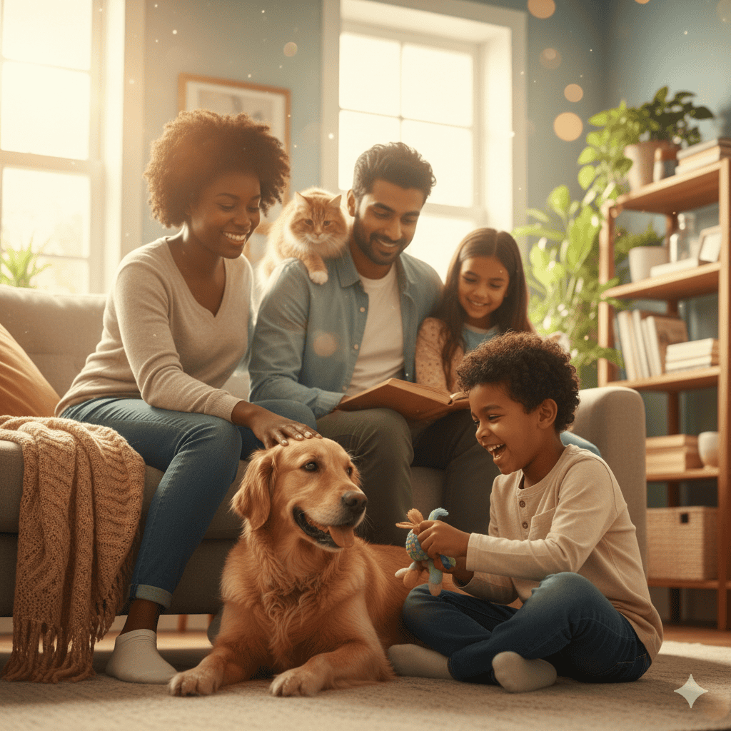 Une famille de quatre personnes (père, mère, fille, garçon) sourit sur un canapé, avec un chat sur les épaules du père et un chien golden retriever couché à leurs pieds